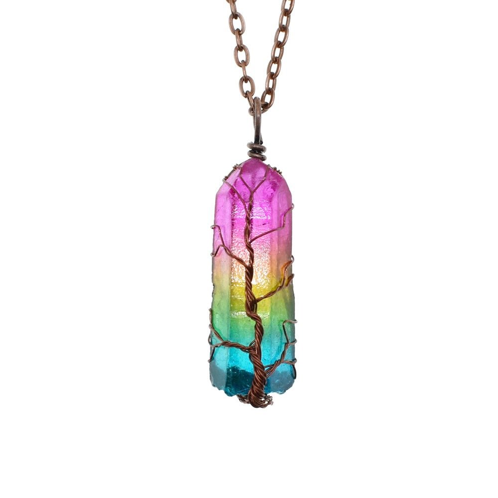 Stone Crystal Pillar/Tree Of Life Pendant Necklace